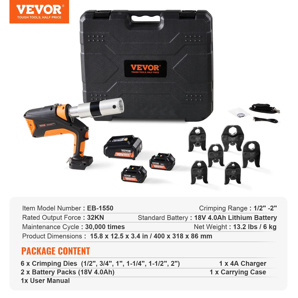 18V Electric Pipe Crimping Tool for 1/2" to 2" Copper, Stainless Steel, PEX Pipes H21644