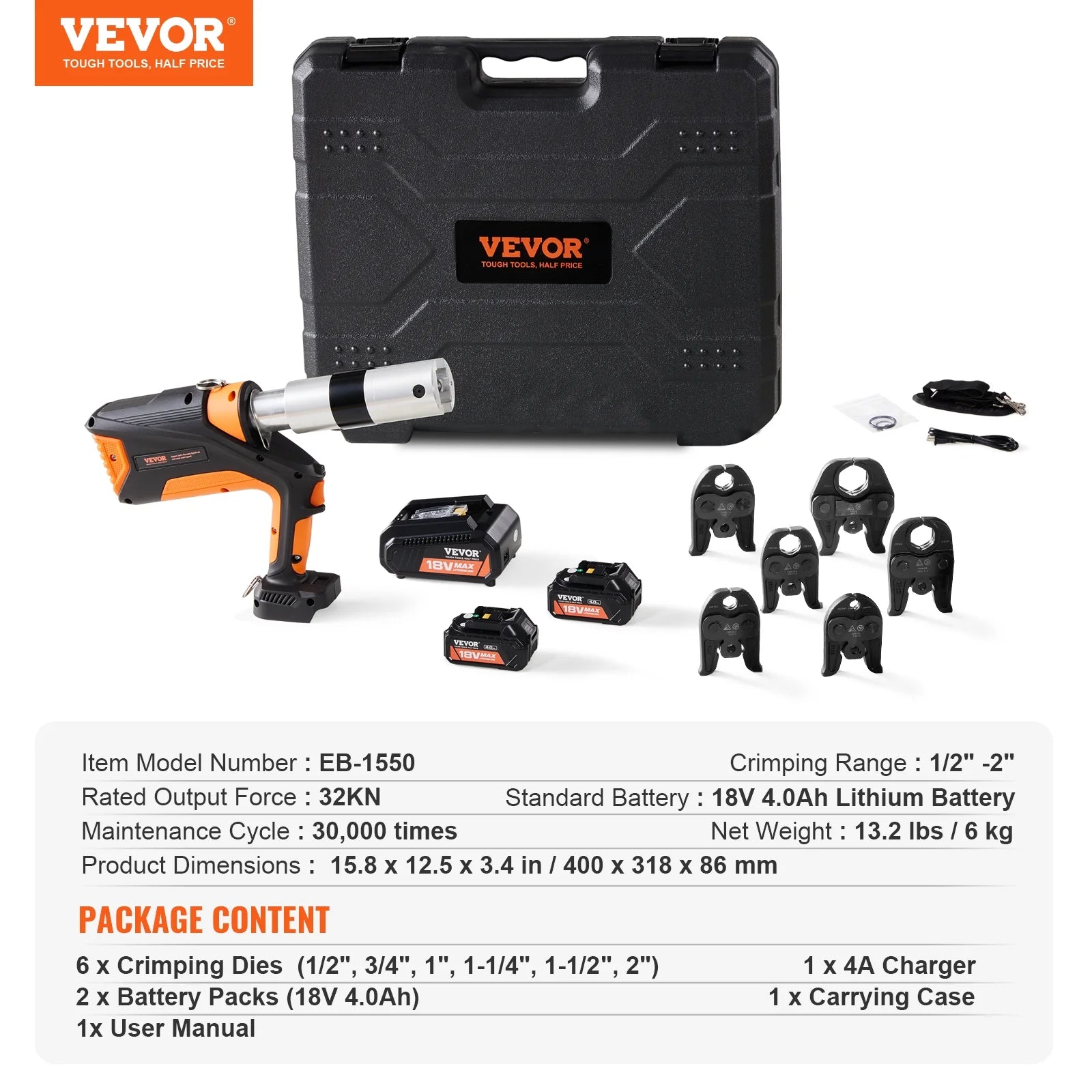 18V Electric Pipe Crimping Tool for 1/2" to 2" Copper, Stainless Steel, PEX Pipes H21644