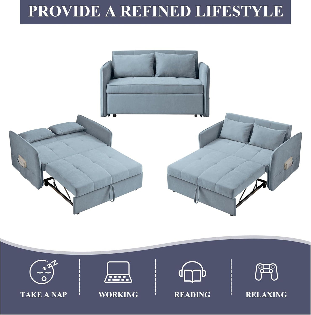 Bluish Grey Chenille Fabric Double Sofa Bed with Pull-Out Bed T6018