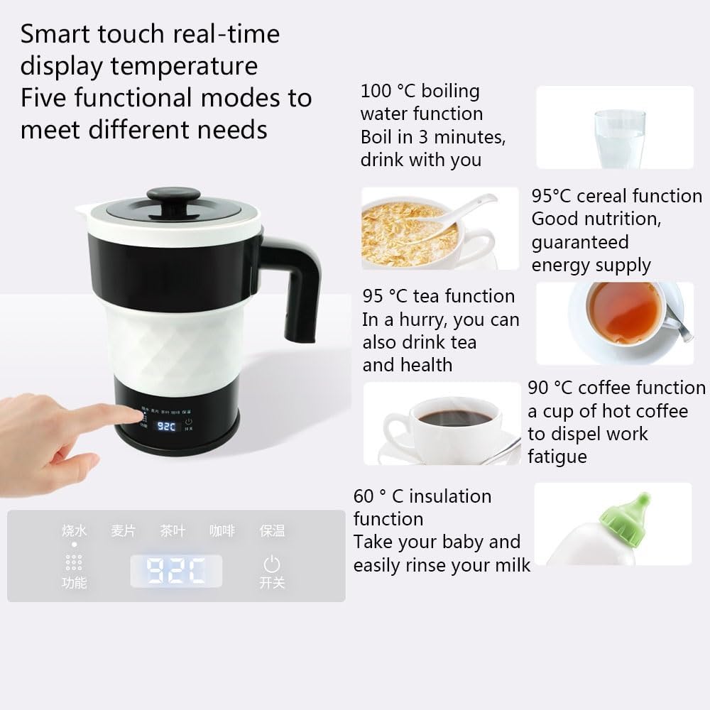 Travel Foldable Electric Kettle Portable Silicone Collapsible Kettle with LED Digital Display Food Grade Silicone BPA Free Boil Dry Protection 0.6L Z18695