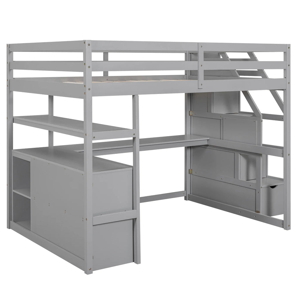 Full Wood Loft Bed with Desk, Storage Stairs, Two Drawers A529