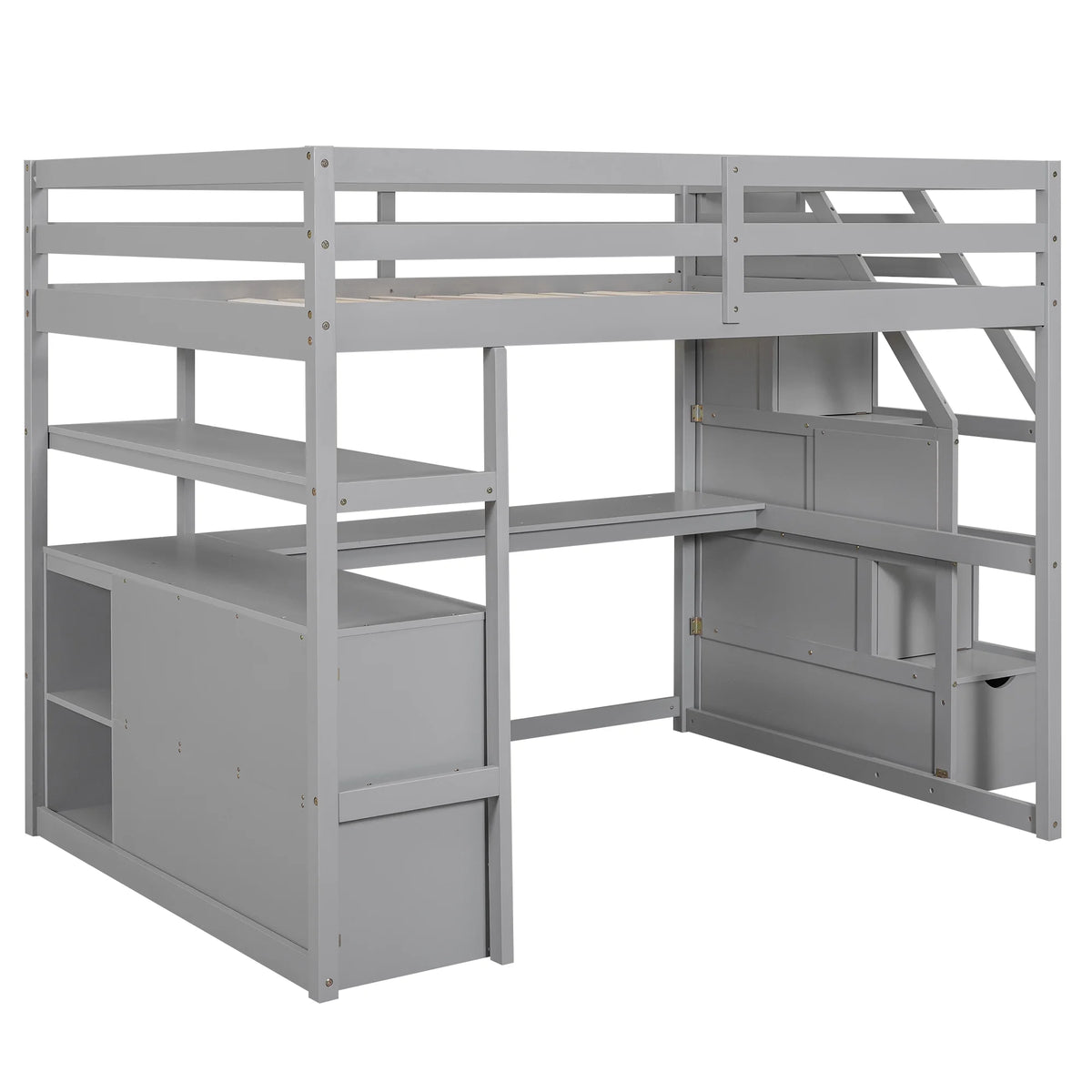 Full Wood Loft Bed with Desk, Storage Stairs, Two Drawers A529