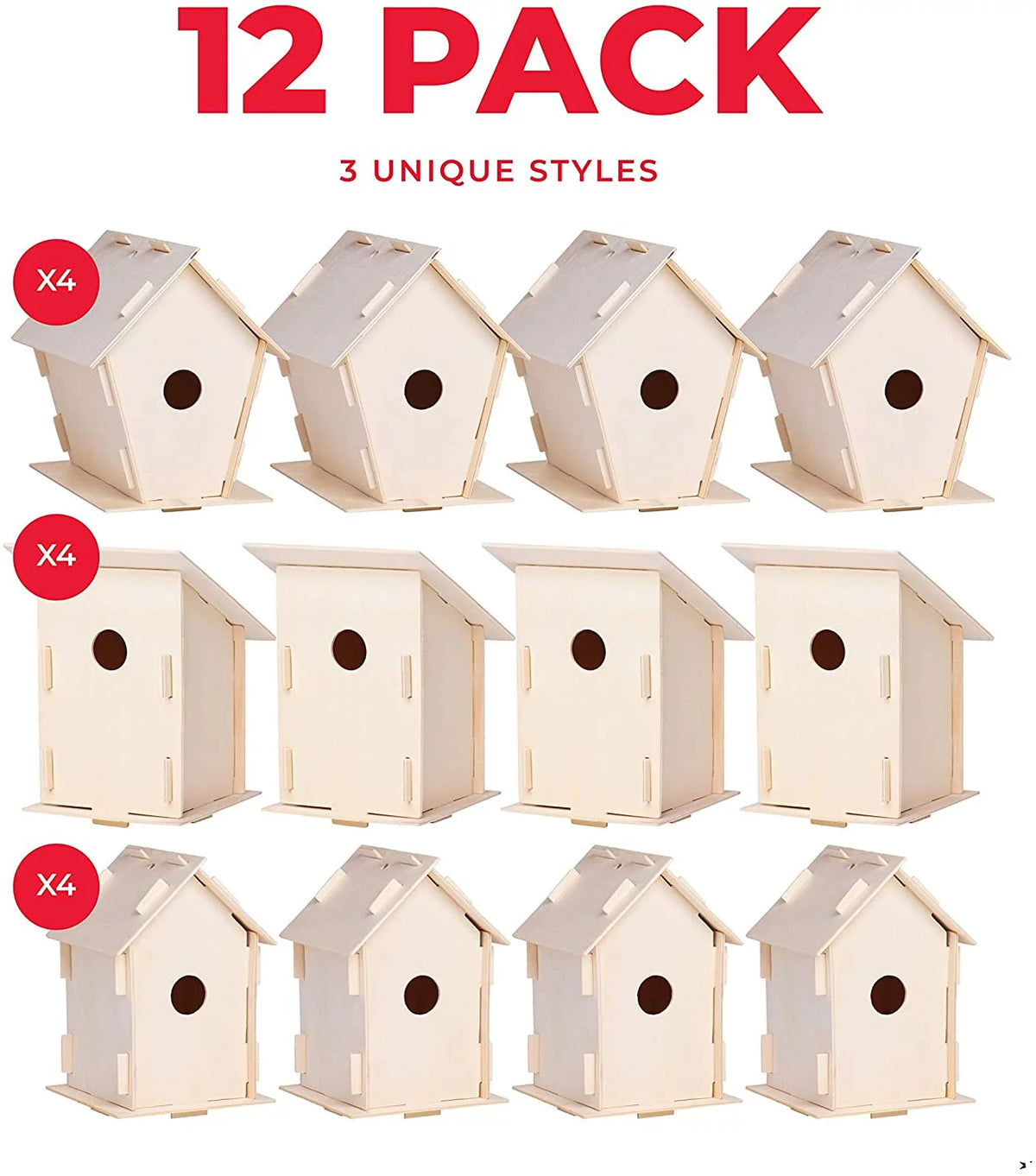 12 Wooden Birdhouse Crafts for Kids with Paint Strips, Paintbrushes & Stickers A99802