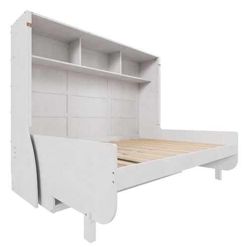 Antique White Solid Wood Full Size Murphy Bed with Desk and Storage Shelves I404