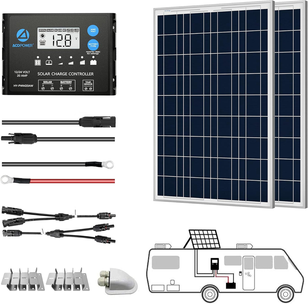 200W 12/24V Polycrystalline Off-Grid Solar Panel Kit with 2PCs 100W Rigid Panels, 20A PWM Controller, Z-Brackets, Y Connectors, Solar Cables, Cable Entry Housing E1950