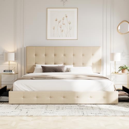 Light Grey Queen Size Platform Bed Frame with 4 Storage Drawers P82166