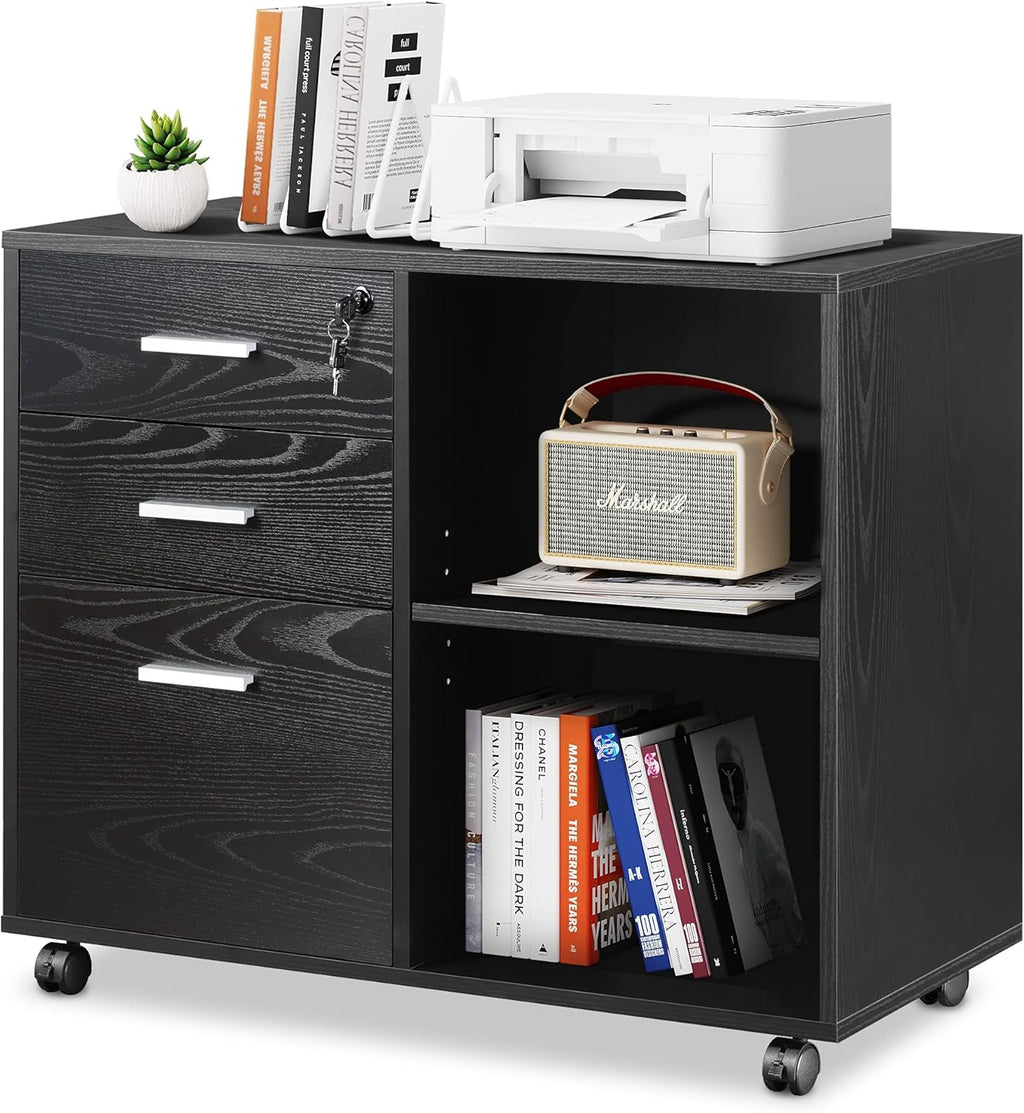 Black 3-Drawer Wood File Cabinet with Lock C86273