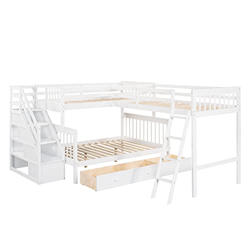Twin over Full Triple Bunk Bed with Drawers and Stairway, L-Shaped Bunk Bed and Loft Bed Combo with Storage Compartment (Espresso) X42529