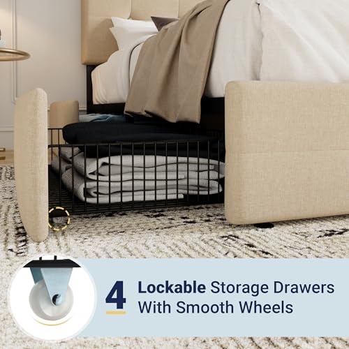 Light Grey Queen Size Platform Bed Frame with 4 Storage Drawers P82166