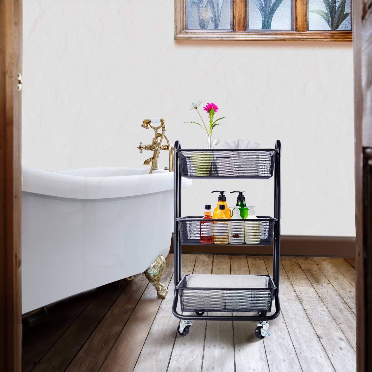 Black 3-Tier Rolling Utility Cart with Metal Mesh Baskets N56079