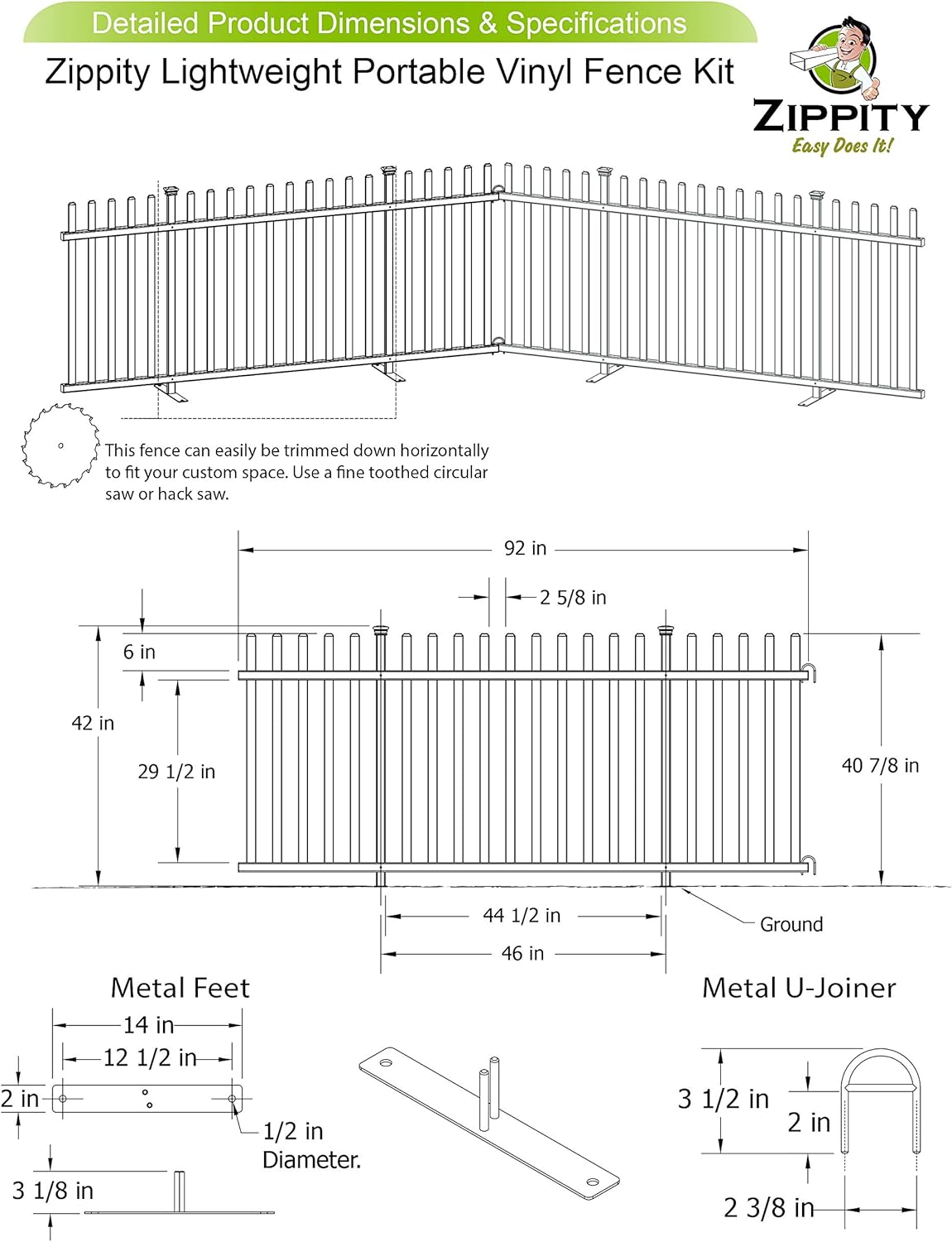 42" H x 92" W Lightweight Portable Vinyl Picket Fence Kit, 2 Panels R7030
