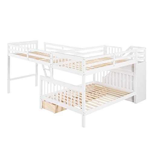 Twin over Full Triple Bunk Bed with Drawers and Stairway, L-Shaped Bunk Bed and Loft Bed Combo with Storage Compartment (Espresso) X42529