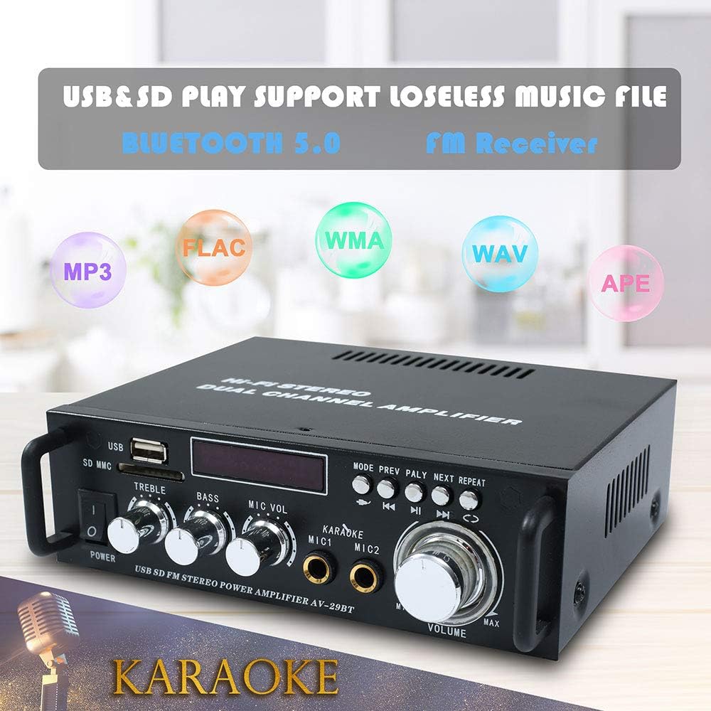 Bluetooth 5.0 Stereo Audio Amplifier Receiver with USB, SD Card, FM Radio, Remote Control M2801