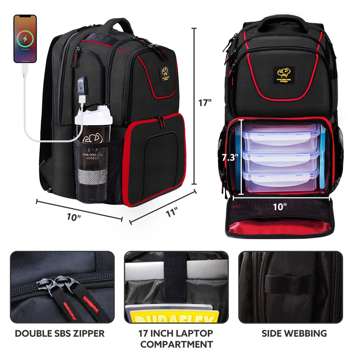 Insulated Meal Prep Backpack with 3 Meal Containers, 2 Ice Packs and Protein Shaker, Black N533671