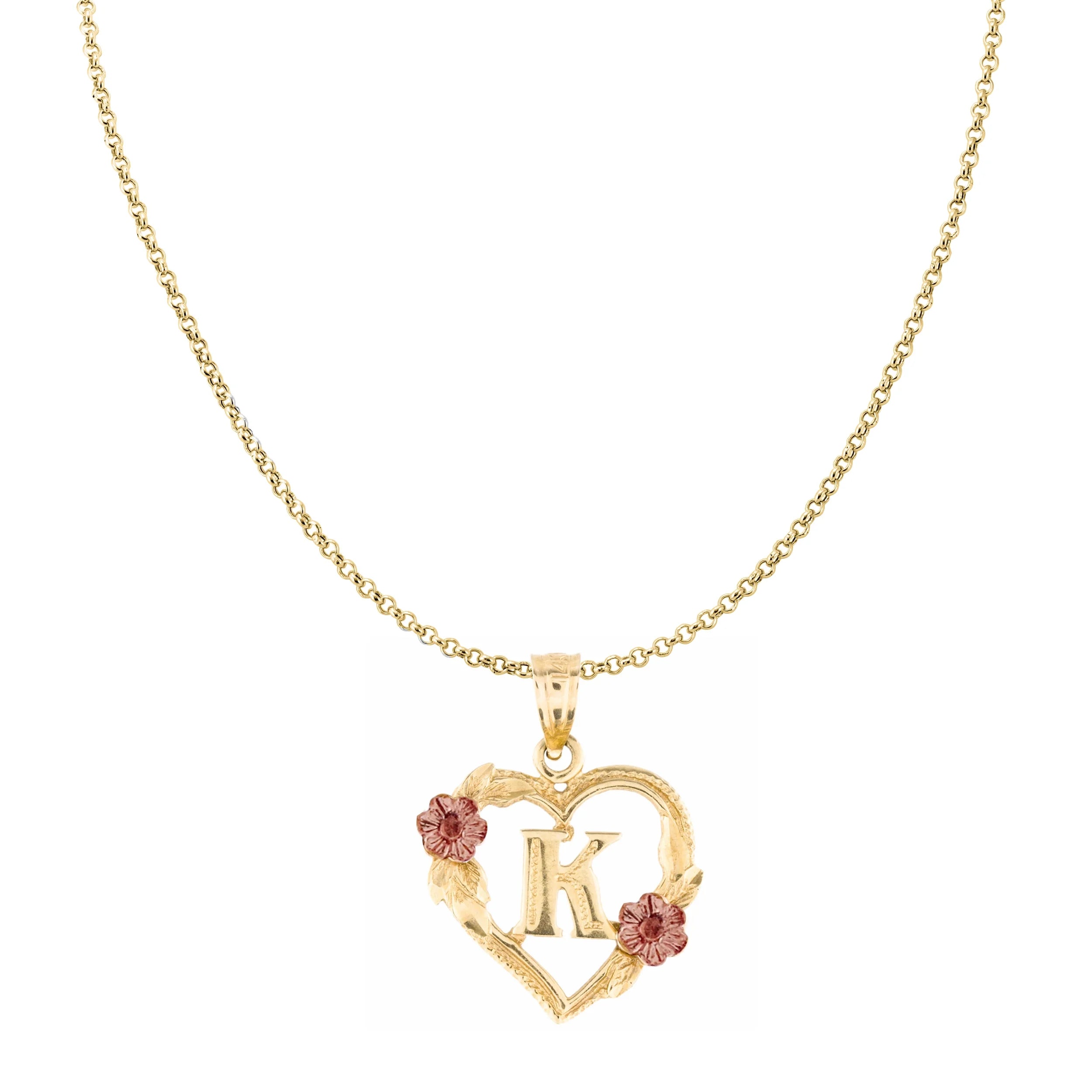 14K Two-Tone Gold Flower and Heart-Shaped Initial Pendant with 16" Chain Necklace B9117