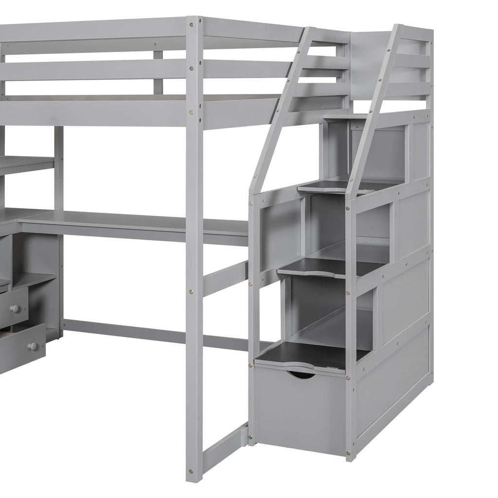 Full Wood Loft Bed with Desk, Storage Stairs, Two Drawers A529