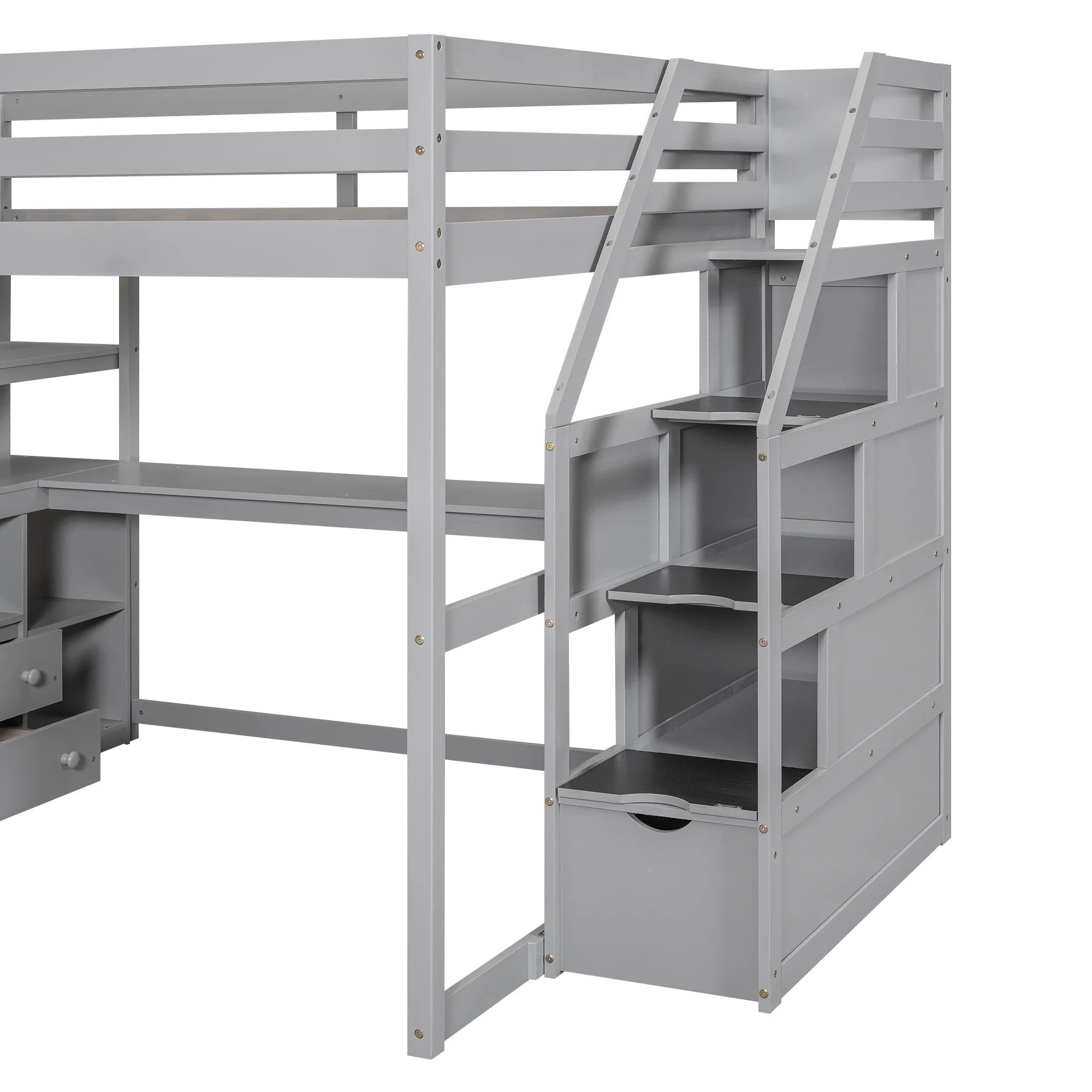 Full Wood Loft Bed with Desk, Storage Stairs, Two Drawers A529
