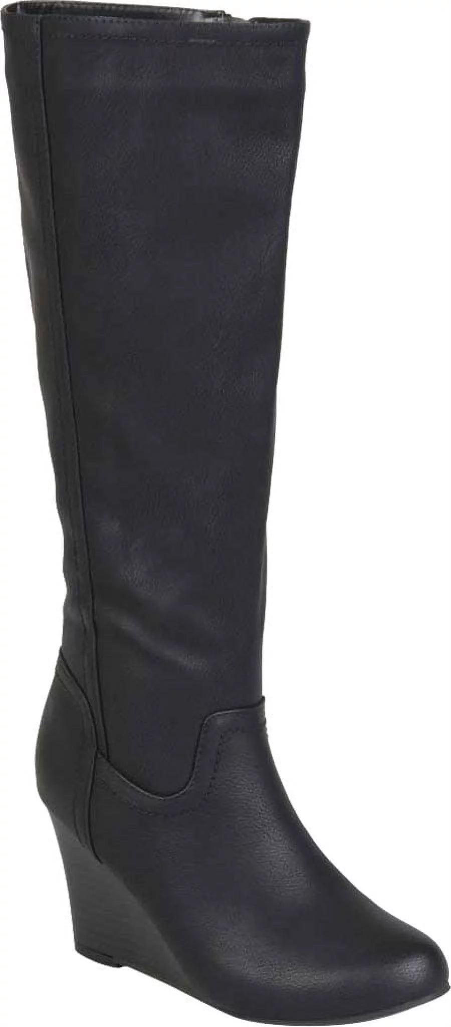 Black Faux Leather Knee High Wedge Heel Boot Y8492