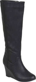 Black Faux Leather Knee High Wedge Heel Boot Y8492