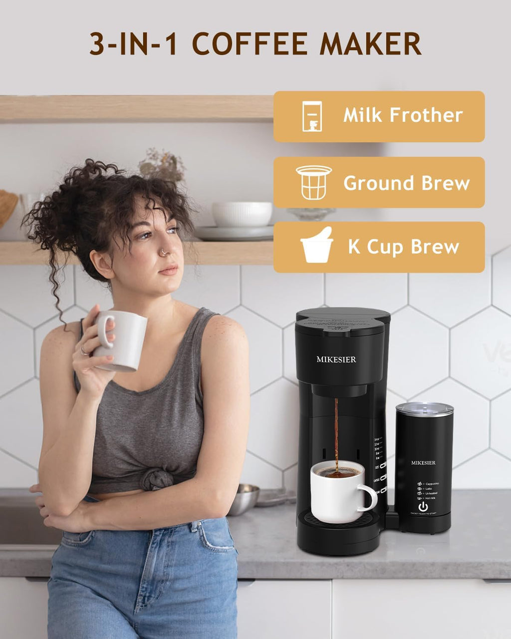 Single Serve Coffee Maker with Milk Frother, 28oz Removable Water Tank K3170