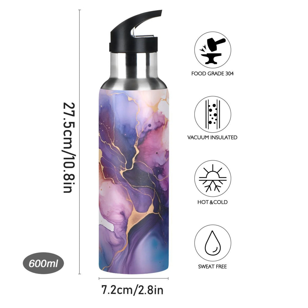 Purple and Blue Marble Stainless Steel Insulated Water Bottle with Straw Lid W88376