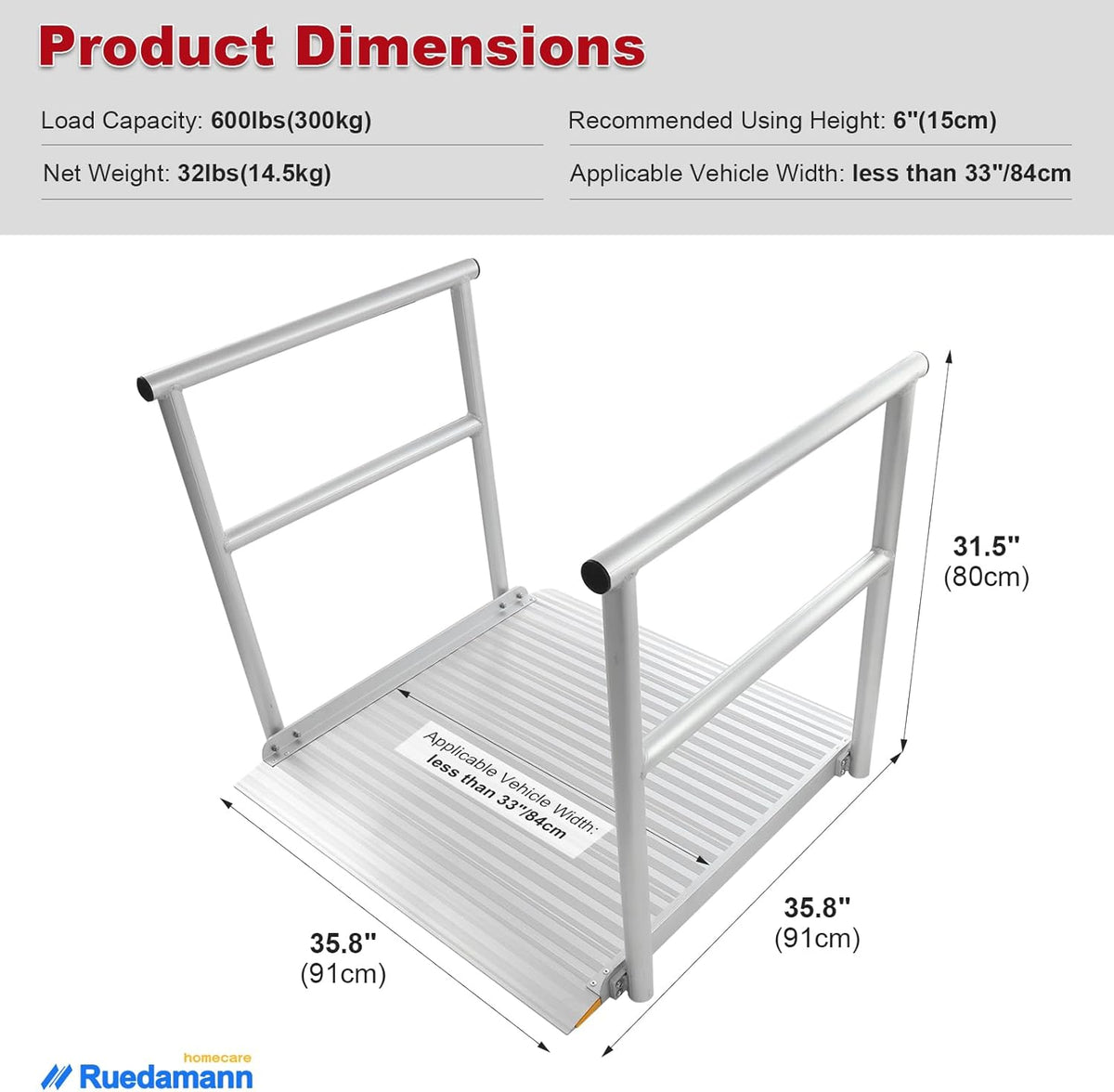 Aluminum Wheelchair Ramp with Handrails, 600 Lbs Capacity, Non-Slip U3504