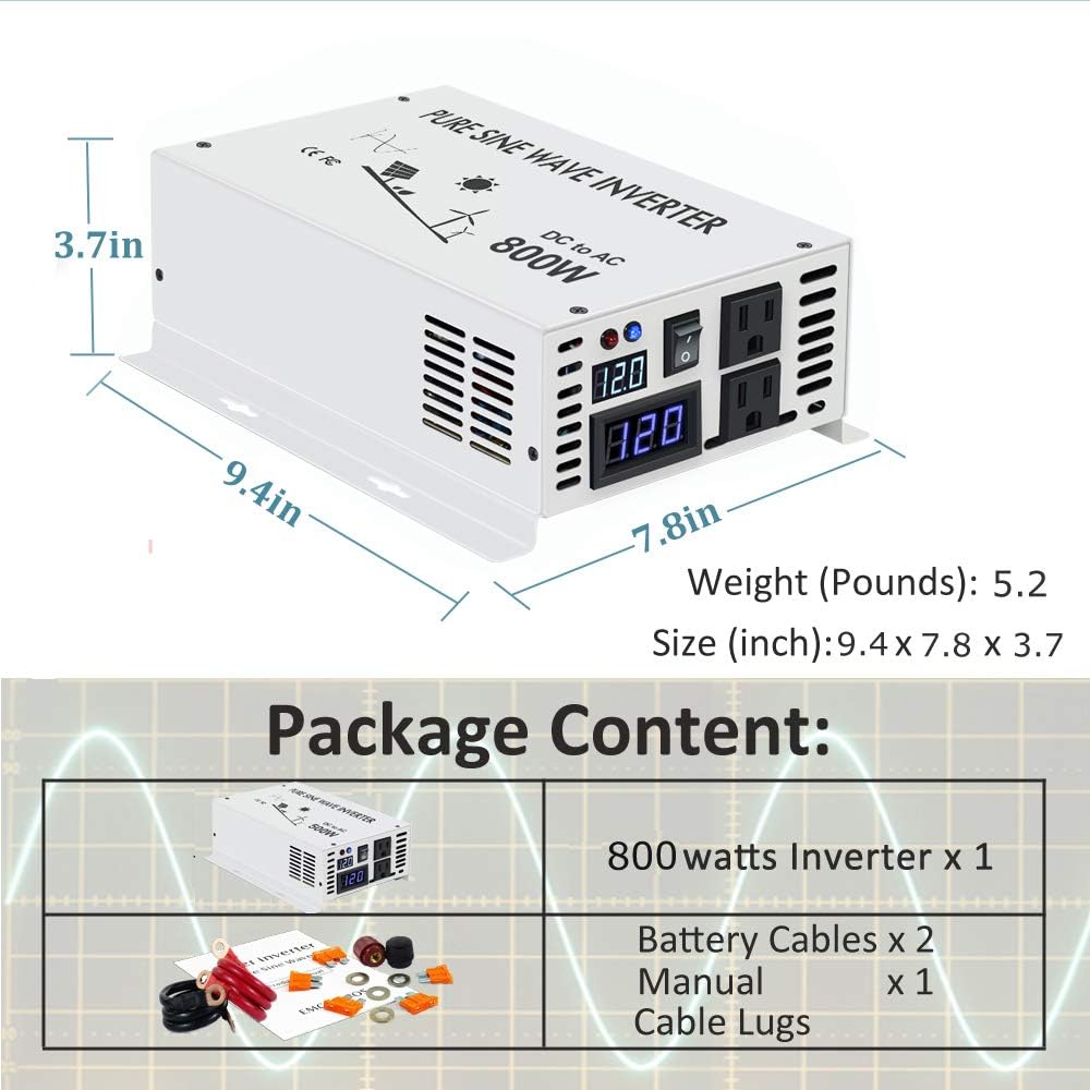 800w 12v 120v DC AC Power Inverter Converter Pure Sine Wave Q796968