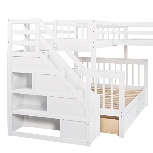 Twin over Full Triple Bunk Bed with Drawers and Stairway, L-Shaped Bunk Bed and Loft Bed Combo with Storage Compartment (Espresso) X42529