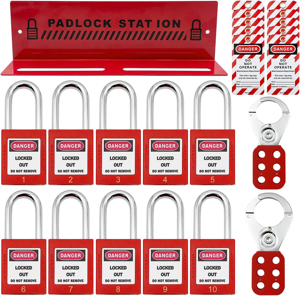 14 Key Padlocks with Numbers, 4 Lockout Hasps, 40 Lockout Tags, 20 Nylon Cable Lockout Tagout Station O7788