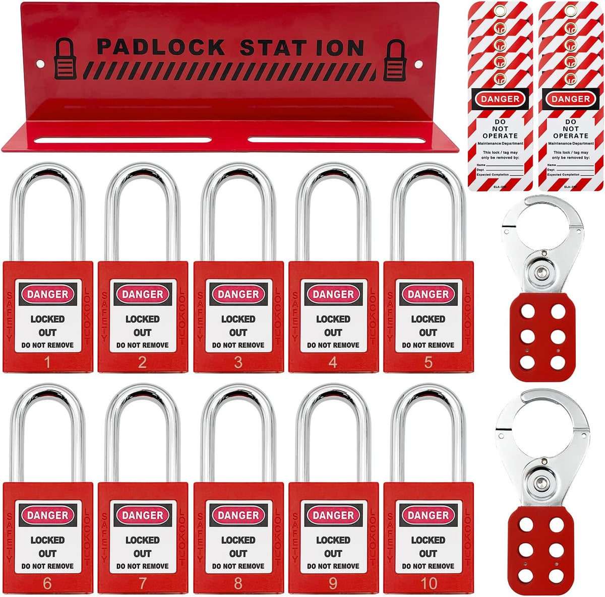 14 Key Padlocks with Numbers, 4 Lockout Hasps, 40 Lockout Tags, 20 Nylon Cable Lockout Tagout Station O7788