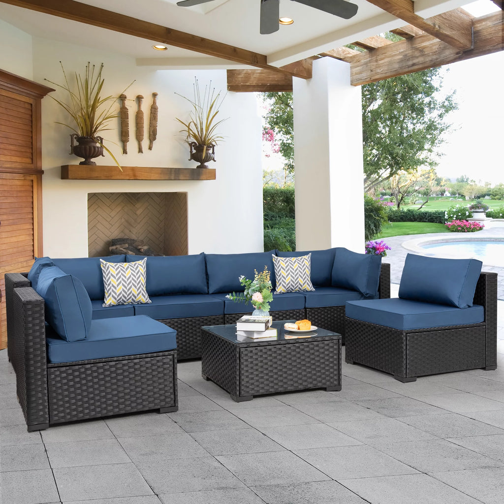7 Pieces Black Wicker Outdoor Sectional Sofa Set with Tea Table and Cushions X15539