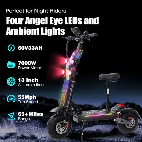 Electric Scooter 7000W Brushless Motor 60V 33Ah Li-Ion Battery 13" All Terrain Tires Full Suspension Adjustable Handlebar Height with Seat I10592