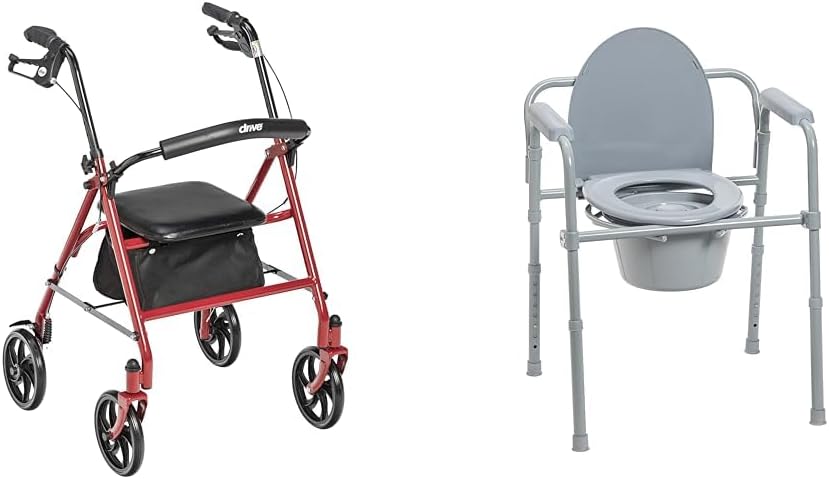 4 Wheel Rollator Walker with Seat, Steel Rolling Walker, Height Adjustable Folding Steel Bedside Commode Chair, Portable Toilet W527864