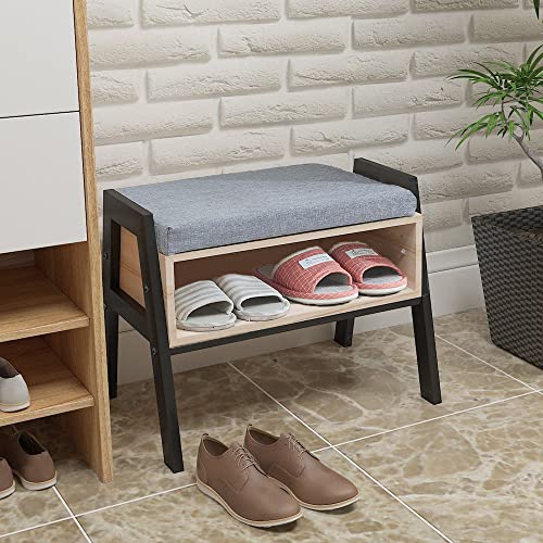 Small Entryway Bench with Cushion Seat, Wooden Shoe Rack, 15mm Maple Wood F98377