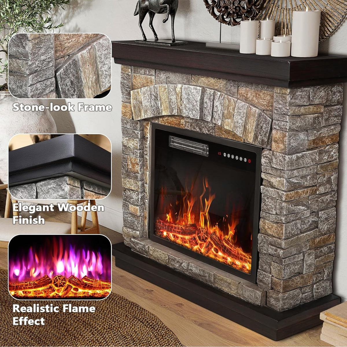 36 inch Freestanding Stone Electric Fireplace Heater TV Stand with Remote Control V304