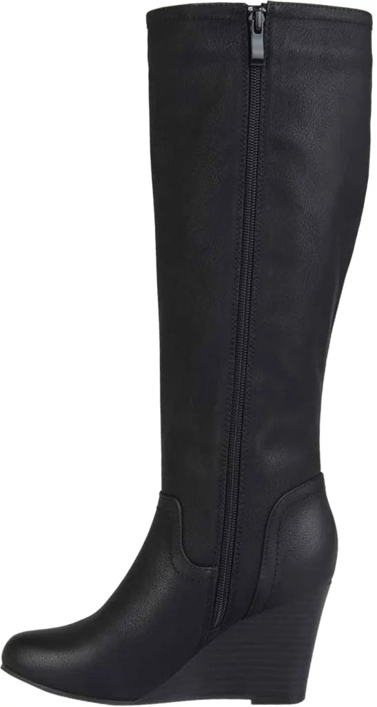 Black Faux Leather Knee High Wedge Heel Boot Y8492