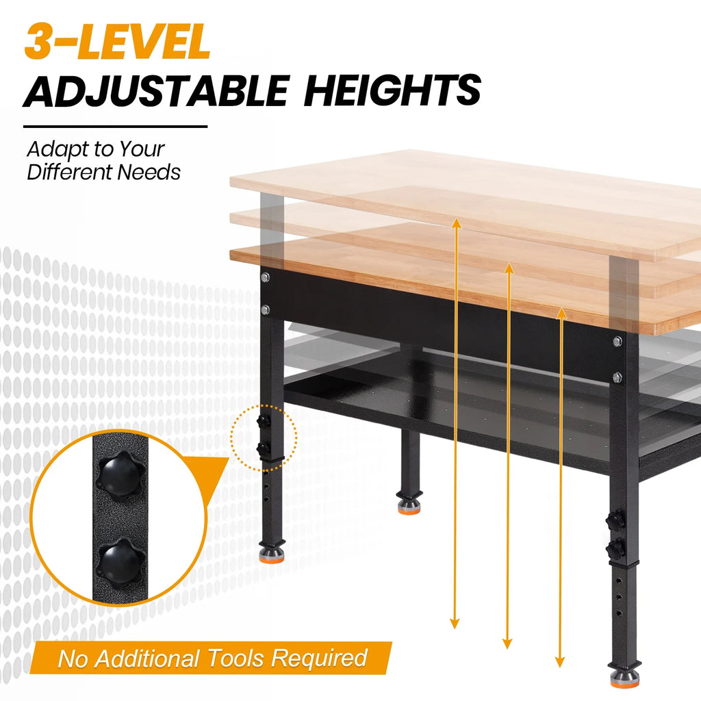 48" Adjustable Heavy-Duty Workbench with Rubber Wood Top C508