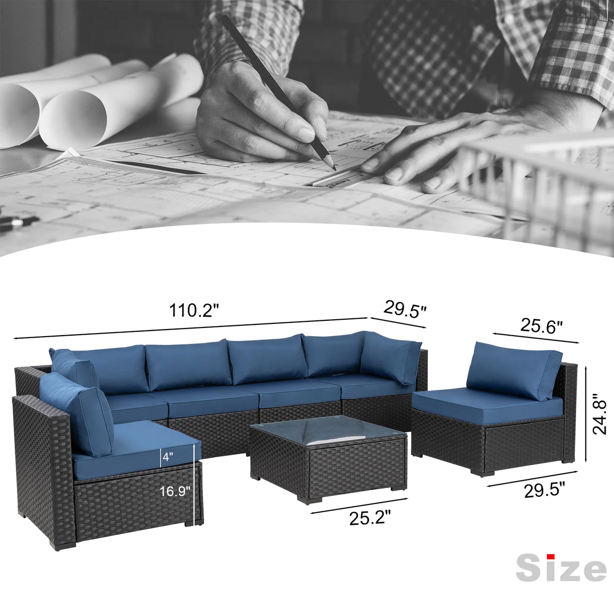7 Pieces Black Wicker Outdoor Sectional Sofa Set with Tea Table and Cushions X15539
