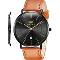 Minimalist Ultra Thin Analog Quartz Date Waterproof Slim Leather Band Watch O717