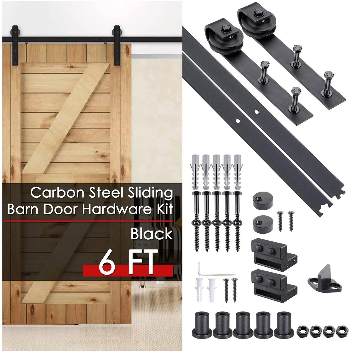 6 ft Carbon Steel Sliding Barn Door Hardware Kit Track Rail Roller Set Black Z190