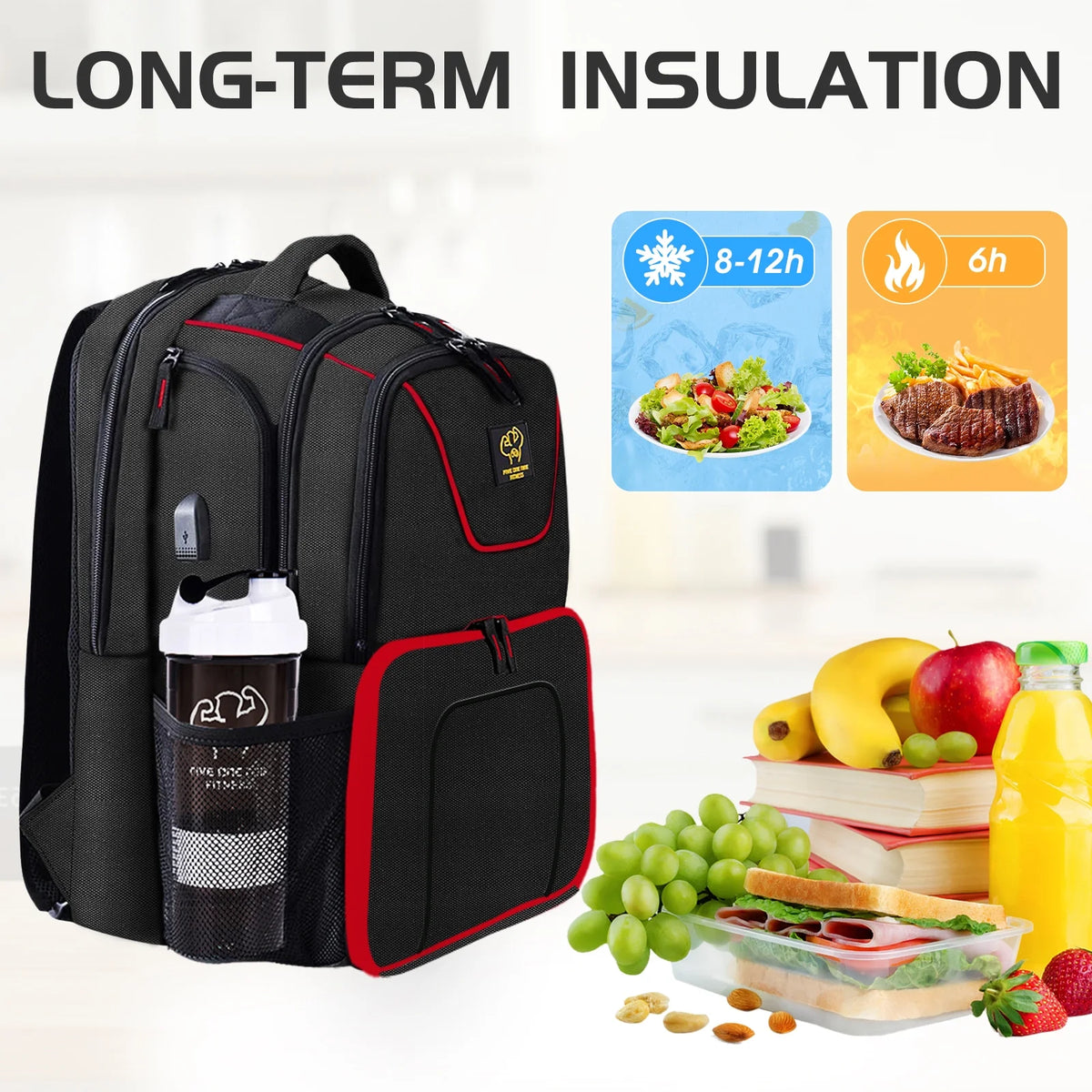 Insulated Meal Prep Backpack with 3 Meal Containers, 2 Ice Packs and Protein Shaker, Black N533671