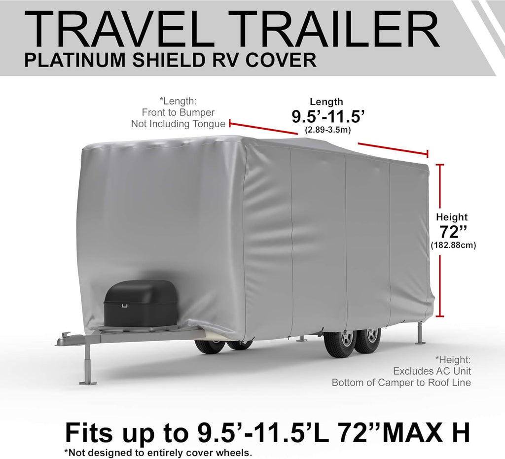 Weatherproof RV Cover for Travel Trailer 11.5' - 13.5' Long with Fleece Lining, Cable Lock, Storage Bag & Wind Straps R612642