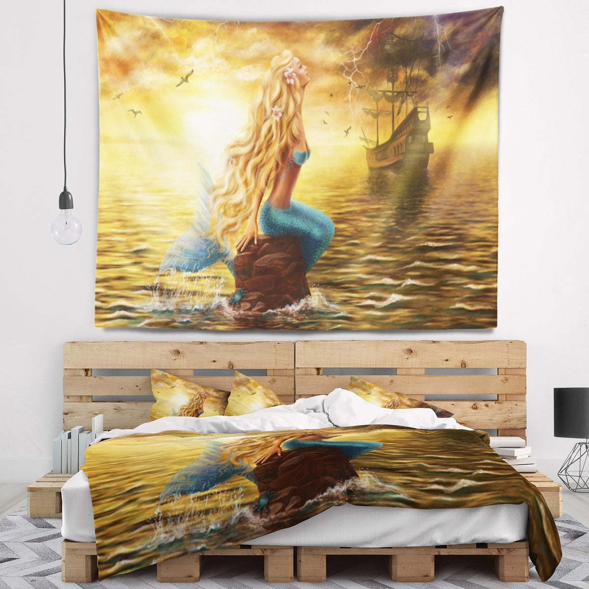 Sea Mermaid with Ghost Ship Seascape Wall Tapestry N245