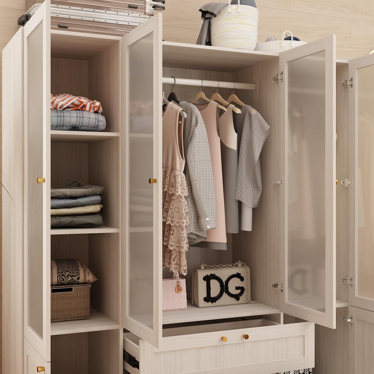Warm Grey Wooden Armoire Wardrobe Closet with 4 Frosted Glass Doors Q503648