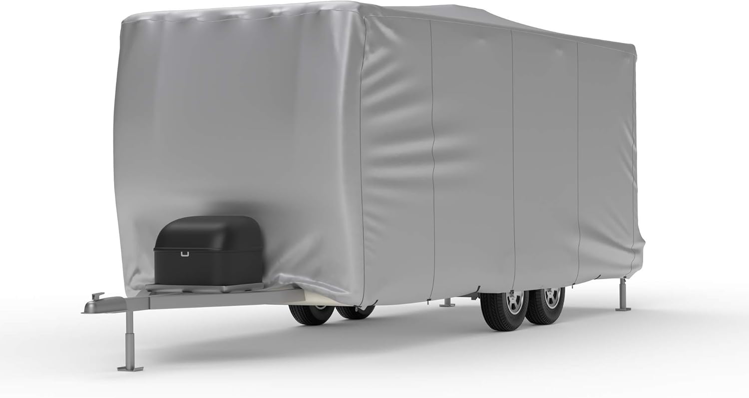 Weatherproof RV Cover for Travel Trailer 11.5' - 13.5' Long with Fleece Lining, Cable Lock, Storage Bag & Wind Straps R612642