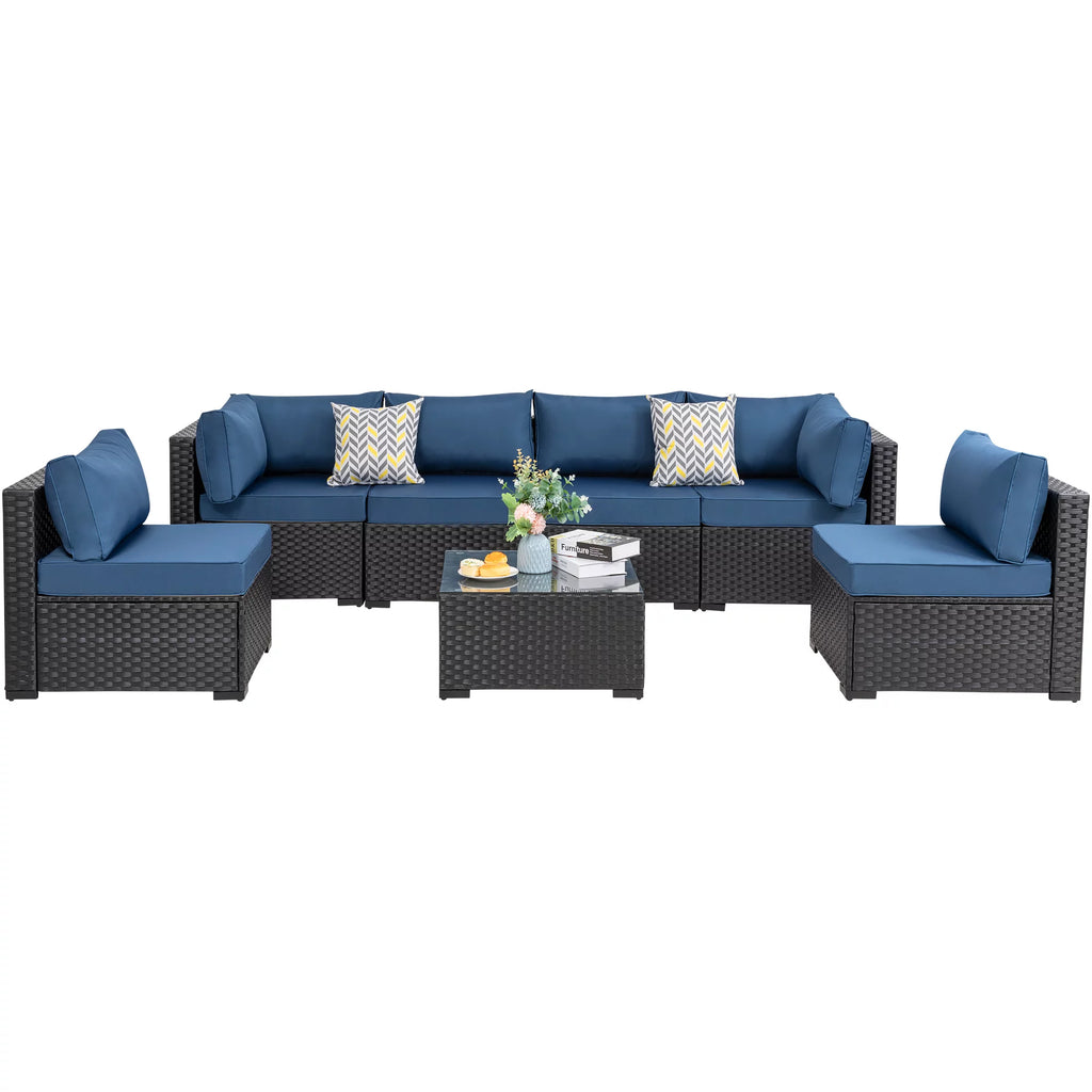 7 Pieces Black Wicker Outdoor Sectional Sofa Set with Tea Table and Cushions X15539
