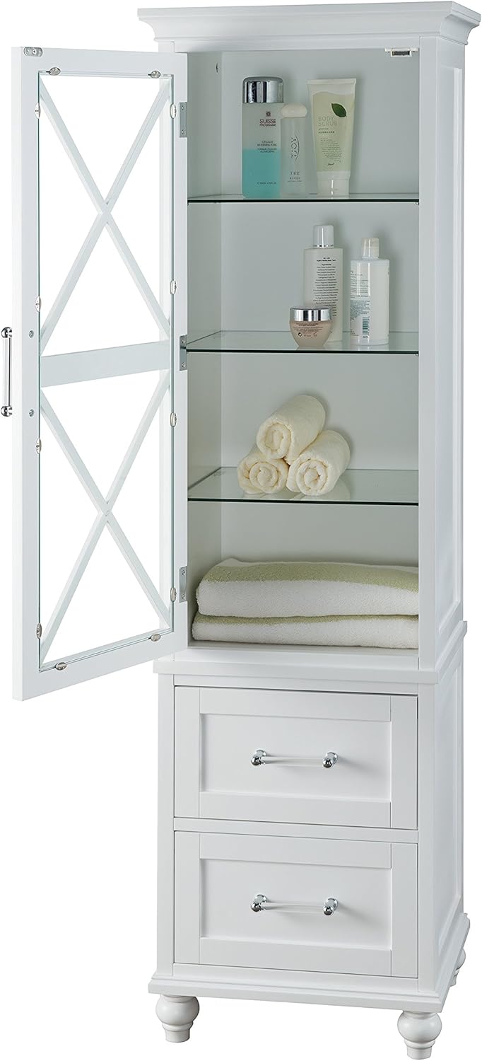 White Linen Tower Tall Narrow Storage Cabinet with 1 Door 3 Glass Tempered Shelves and 2 Drawers H82761
