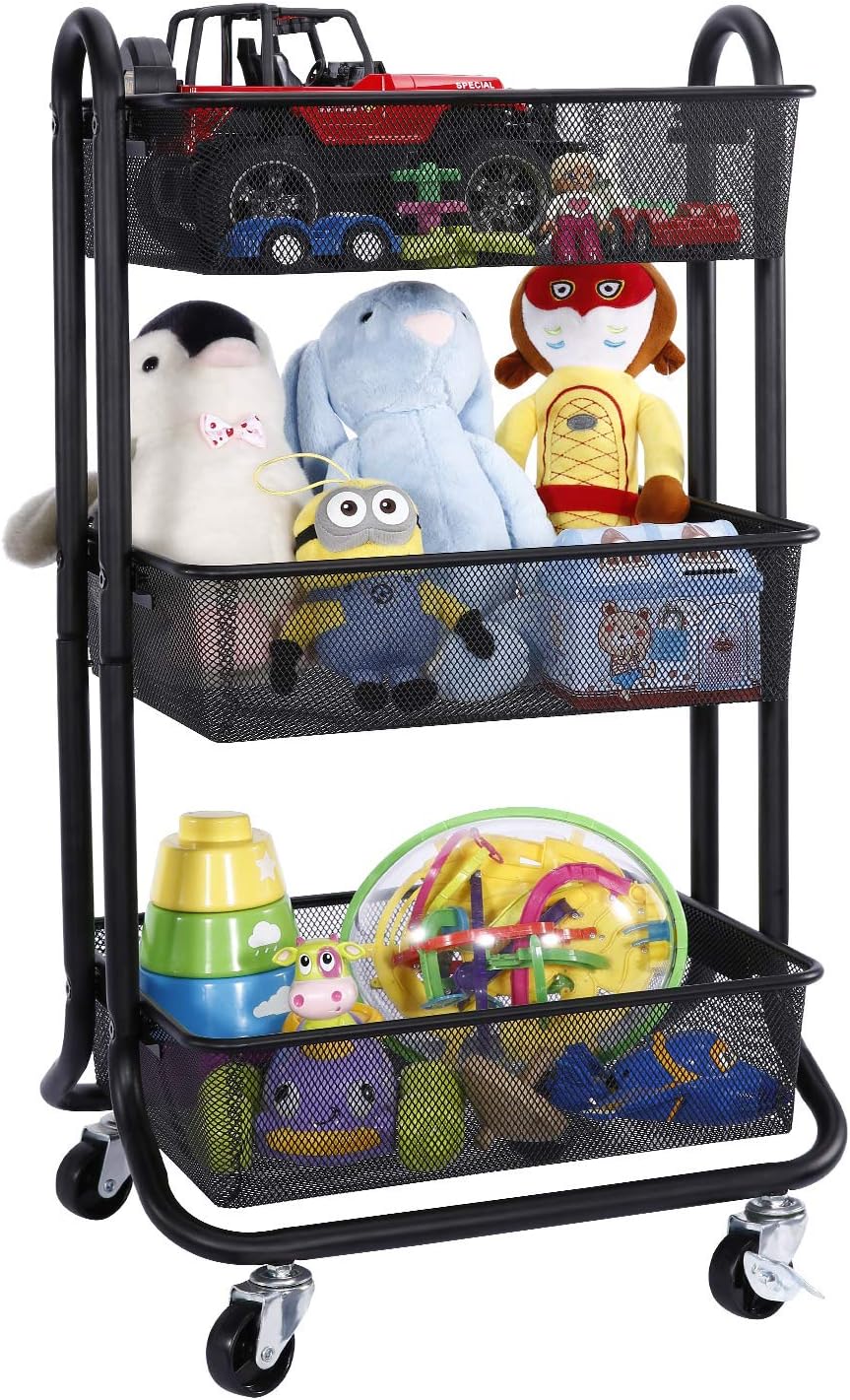 Black 3-Tier Rolling Utility Cart with Metal Mesh Baskets N56079