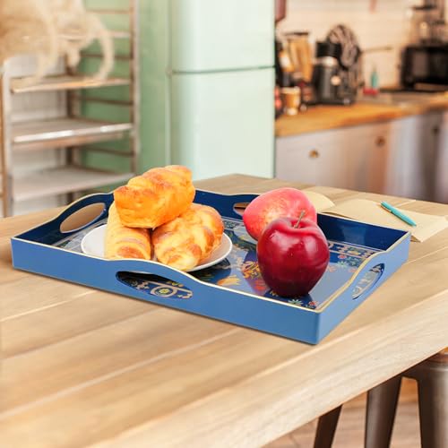 Blue Plastic Serving Tray with Handles, 15.7” x 10.2” x 1.37” Q942470