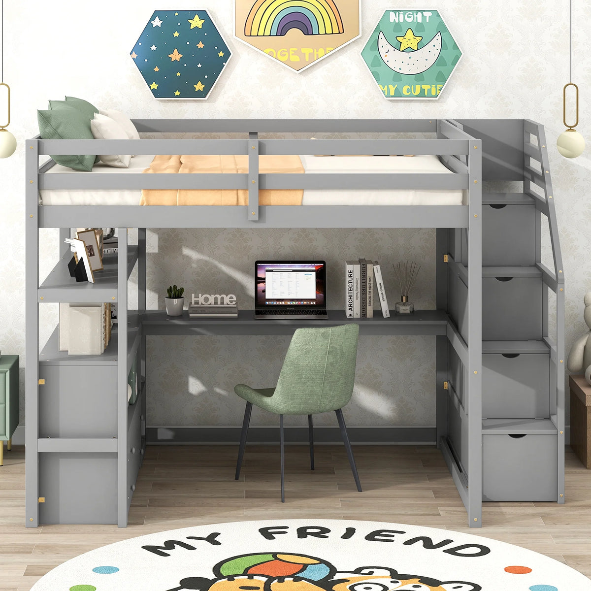 Full Wood Loft Bed with Desk, Storage Stairs, Two Drawers A529